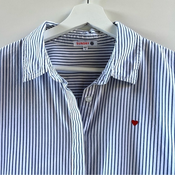 Sundry Striped Shirt Dress Embroidered Heart White Blue Size 1 - Small - Picture 6 of 12